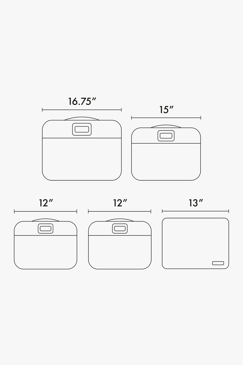 CALPAK line diagram drawing of 5pc Packing Cubes set showing the width of each packing cube. Set come with five that measure out to 16.75", 15", two 12" and 13"